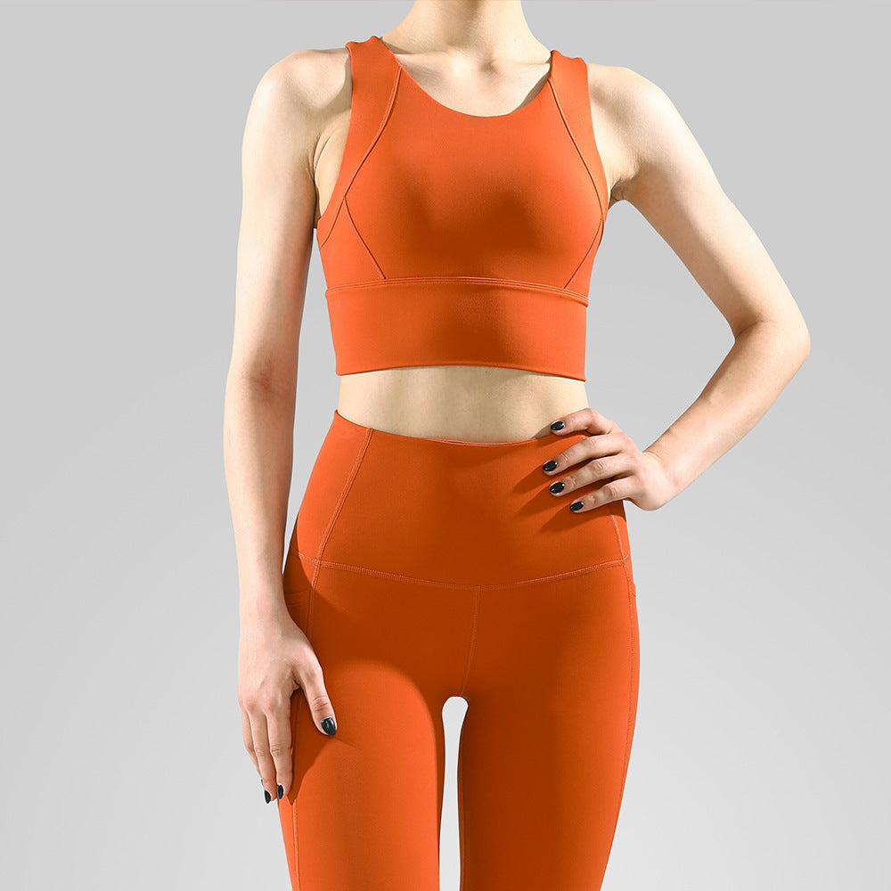 Popular Nude Fabric Sports Tank Top High Waist Pants Double Pocket Yoga Suit Set