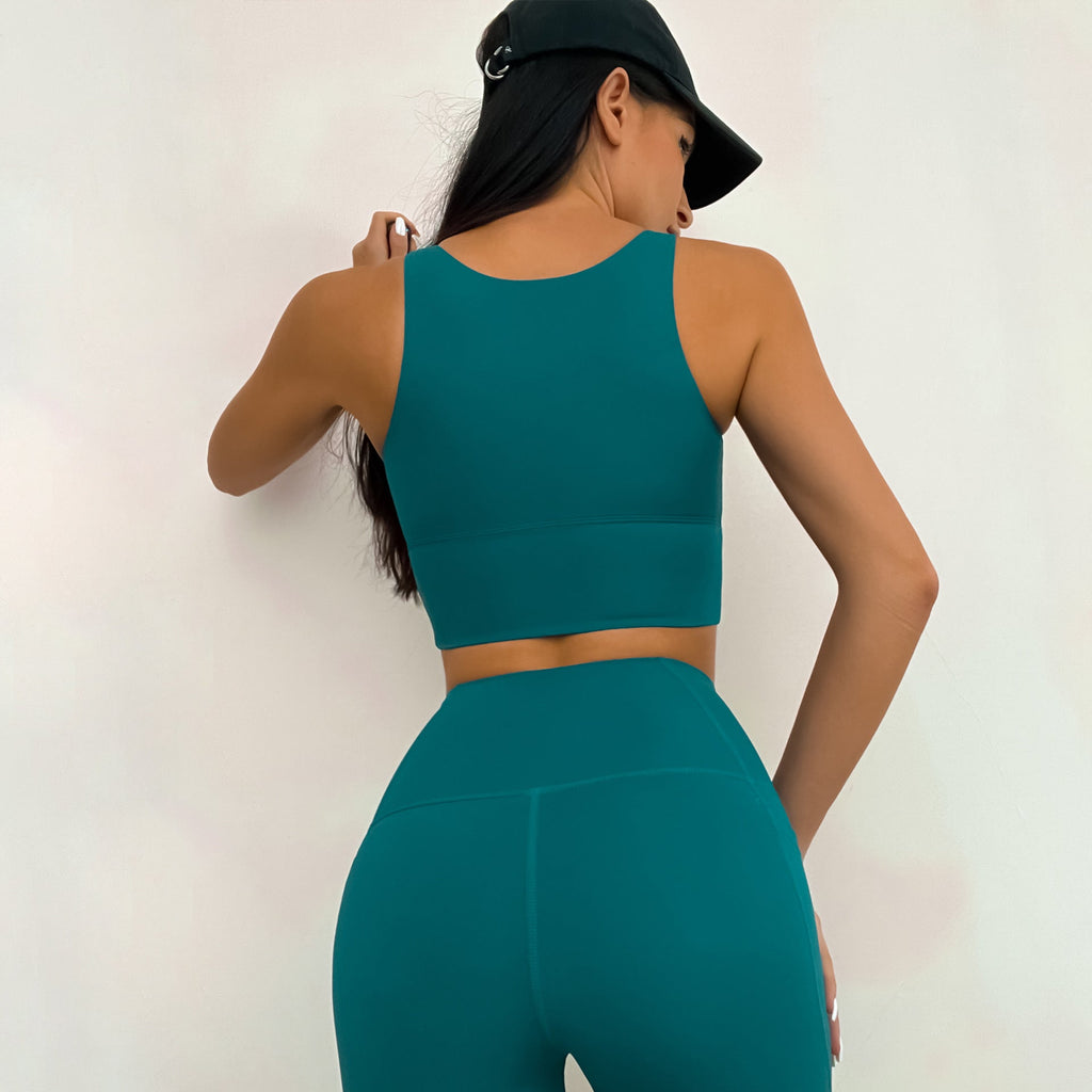 Popular Nude Fabric Sports Tank Top High Waist Pants Double Pocket Yoga Suit Set