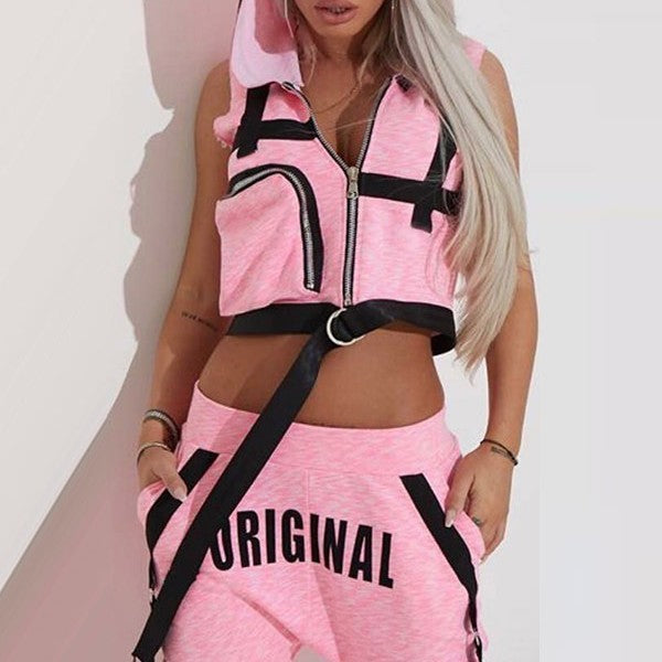 Fashion Hooded Zipper Tank Top Perforated Trouser Set