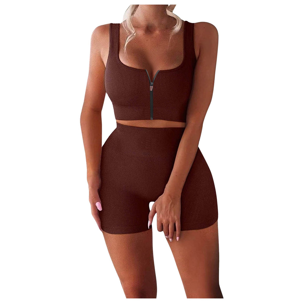Two-piece Suit Ribbed Zipper Tank Top High Waist Shorts Yoga Suit