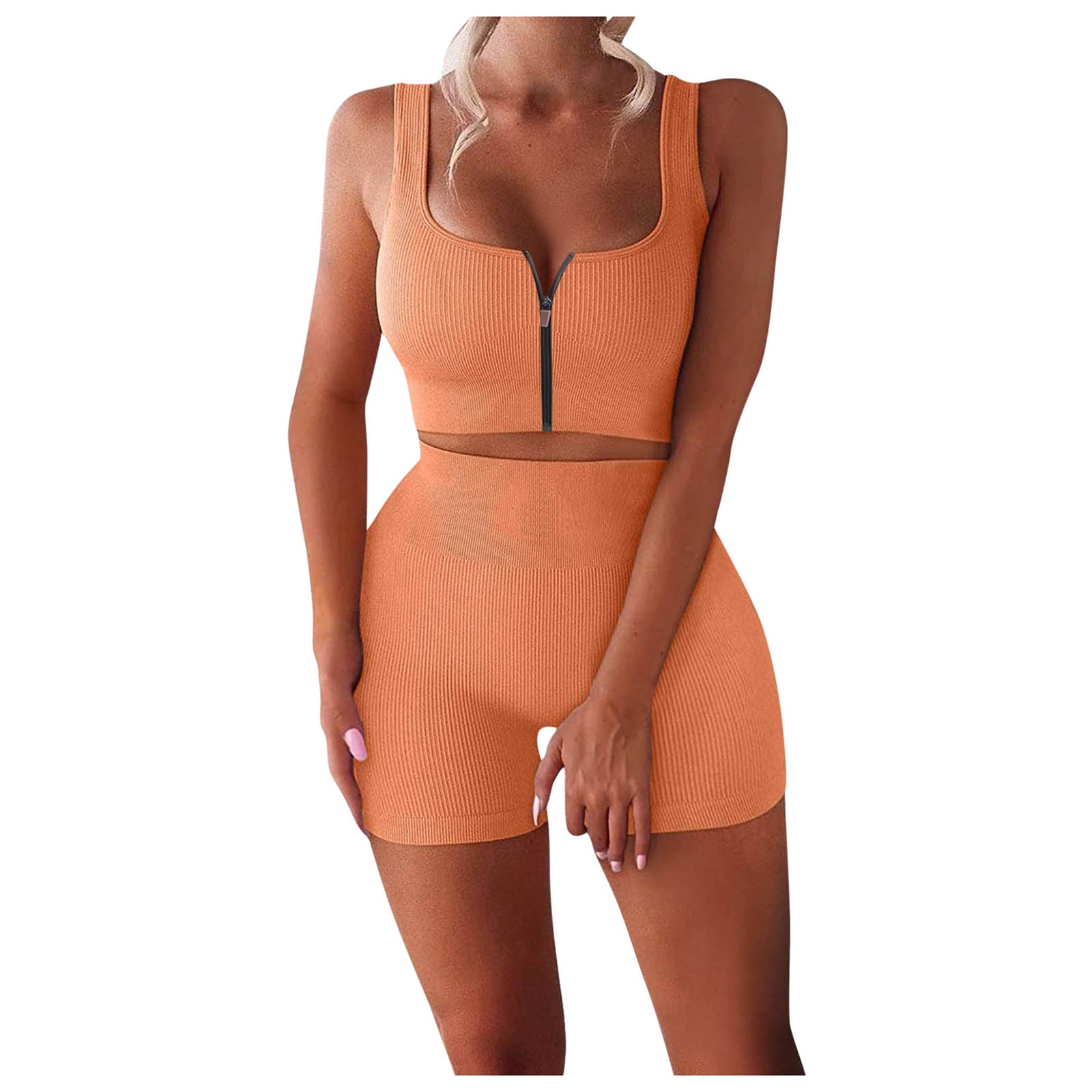 Two-piece Suit Ribbed Zipper Tank Top High Waist Shorts Yoga Suit