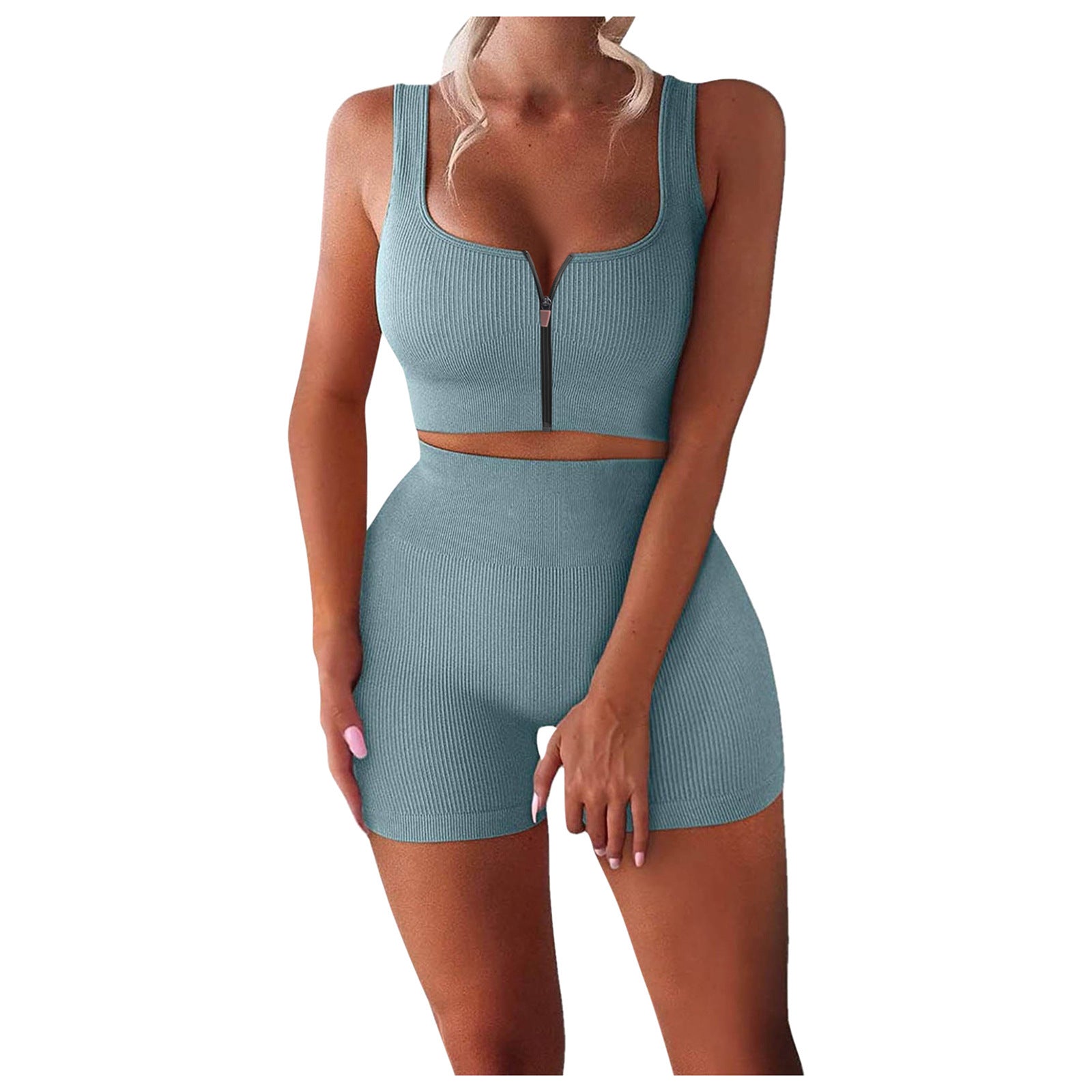 Two-piece Suit Ribbed Zipper Tank Top High Waist Shorts Yoga Suit