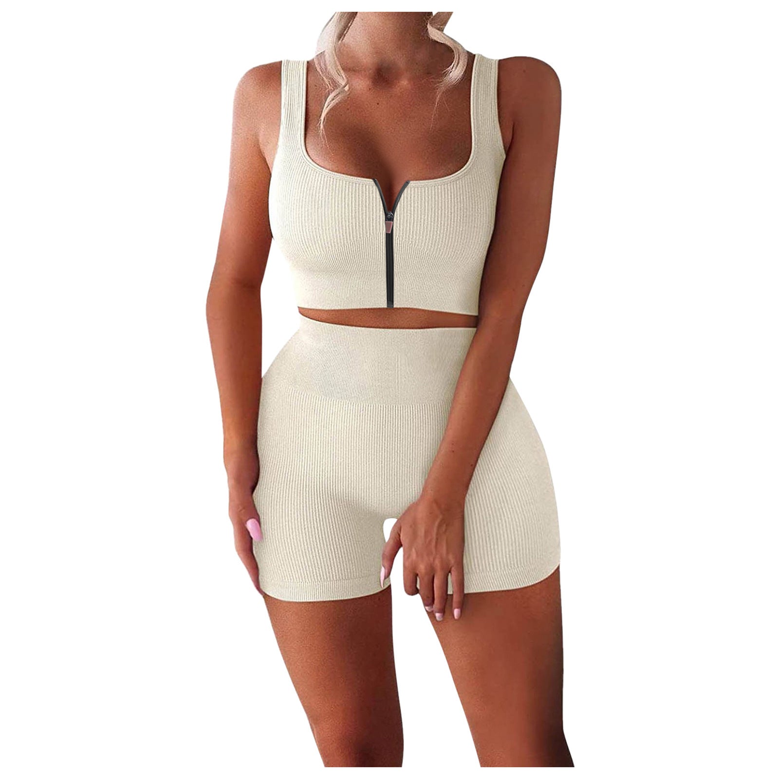 Two-piece Suit Ribbed Zipper Tank Top High Waist Shorts Yoga Suit