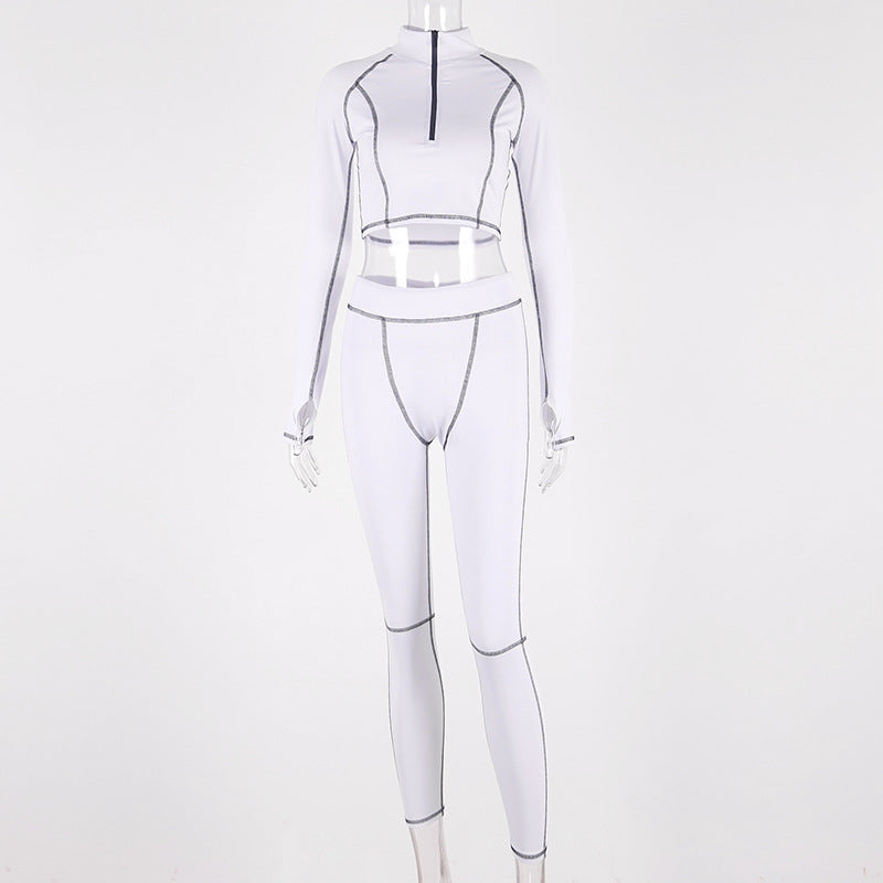 Hugcitar stripe line patchwork zipper crop tops leggings