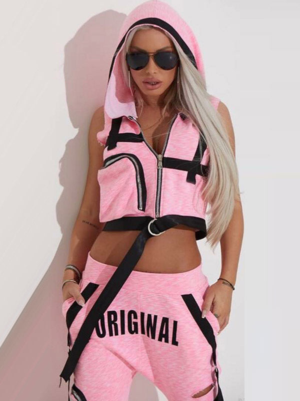 Fashion Hooded Zipper Tank Top Perforated Trouser Set