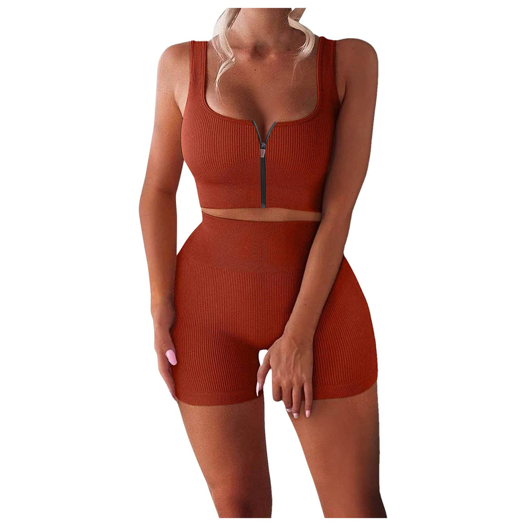 Two-piece Suit Ribbed Zipper Tank Top High Waist Shorts Yoga Suit