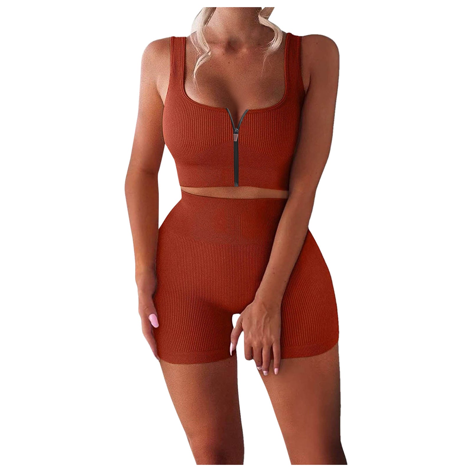 Two-piece Suit Ribbed Zipper Tank Top High Waist Shorts Yoga Suit
