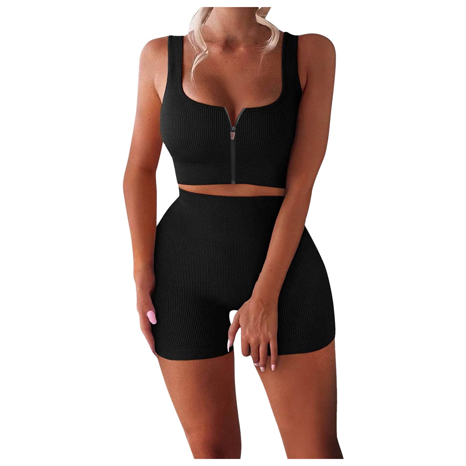 Two-piece Suit Ribbed Zipper Tank Top High Waist Shorts Yoga Suit